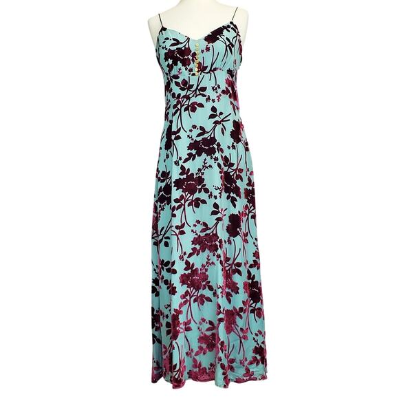 Yigal Azrouel Y2K Silk Blend Slip Dress 6 Elegant Teal w/ Plum Velvet Floral NWT - Picture 1 of 16